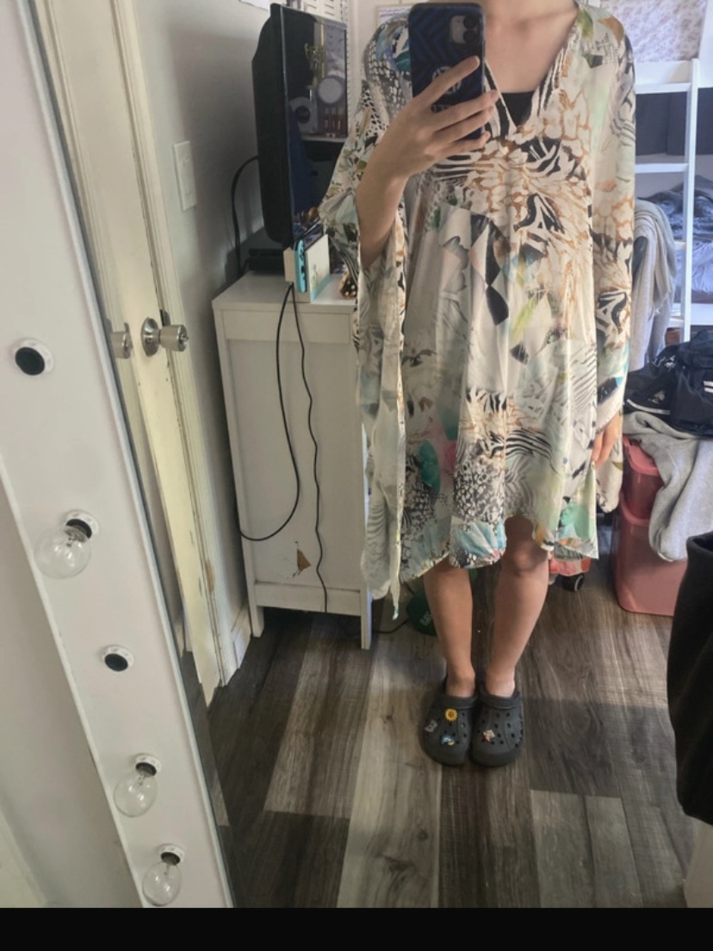 Flowy Printed V-Neck Kaftan Dress in Cream and Pastel Accents